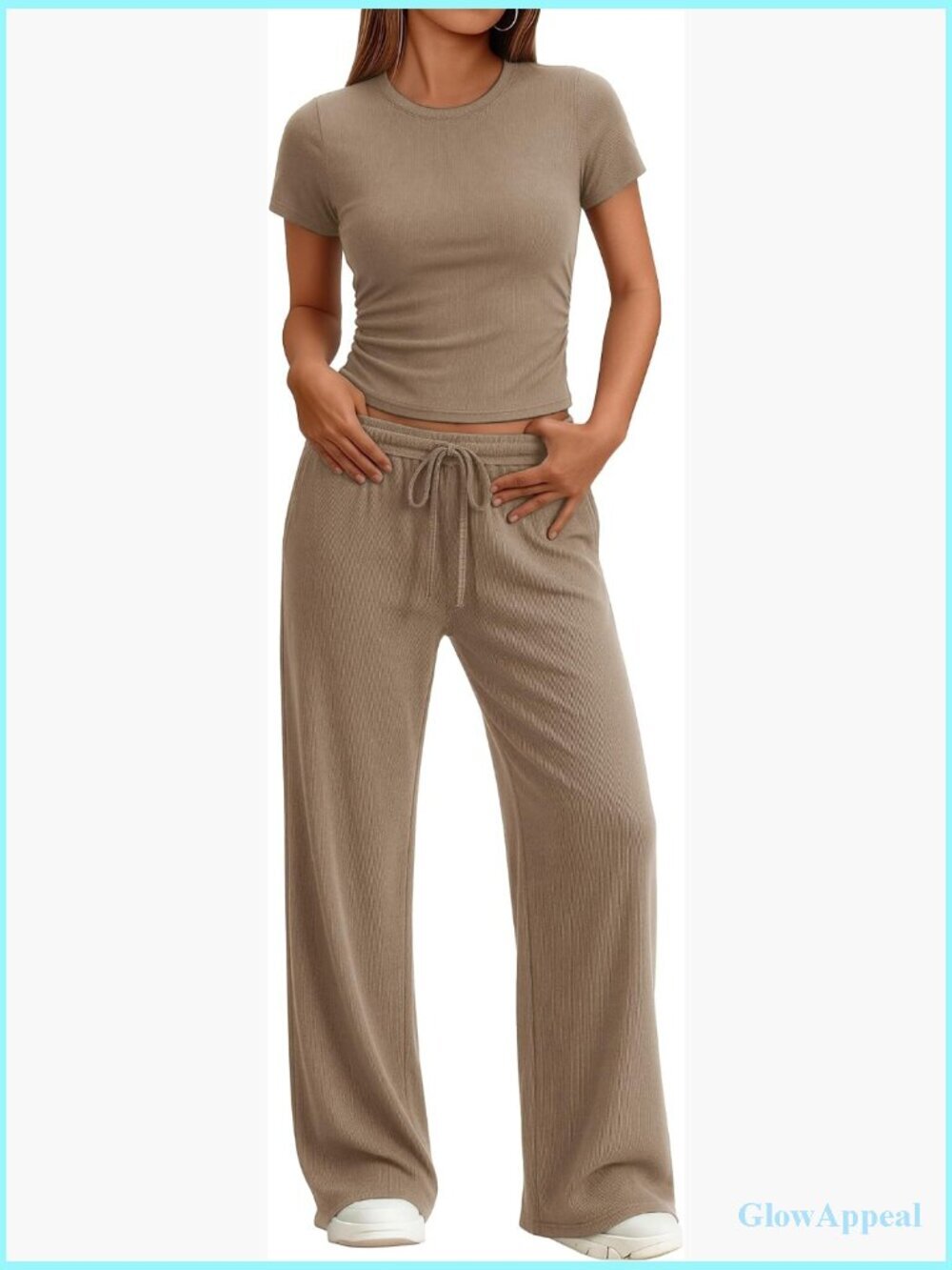Two Piece Lounge Set Short Sleeve Side Ruching Top Wide Leg Pants with